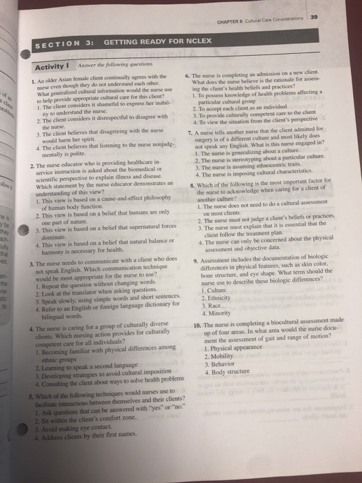CHAPTER 8 C lare Coons SECTION 3: GETTING READY FOR NCLEX Activity | Anne the following questions 1. An der Asian female clie