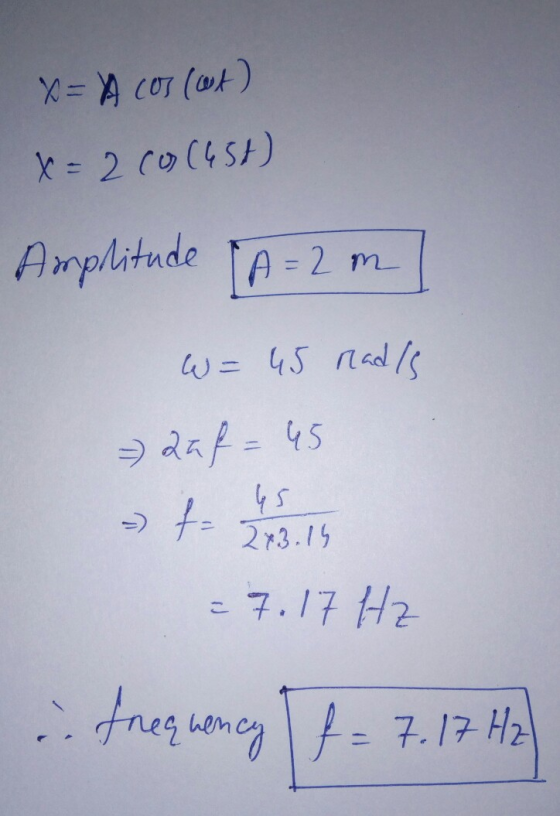 x = cos (est) x = 200 (451) Amplitude A = 2 m W = 45 reads hal = 45 - the = 7.17 Hz ..frequency (f = 7.17 Hz