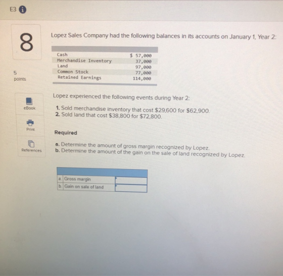 E3 Lopez Sales Company had the following balances in its accounts on January 1, Year 2: 00 Cash Merchandise Inventory Land Co