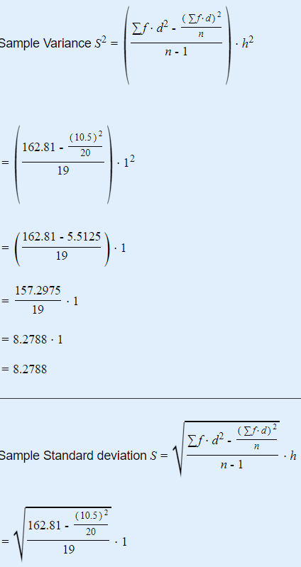 (Σf-d) 2 Σf. d. 2 Sample Variance s2 = h2 η - 1 (10.5)? 162.81 - 20 12 19 Ξ 162.81 - 5.5125 19 - 1 157.2975 1 19 = 8.2788 - 1