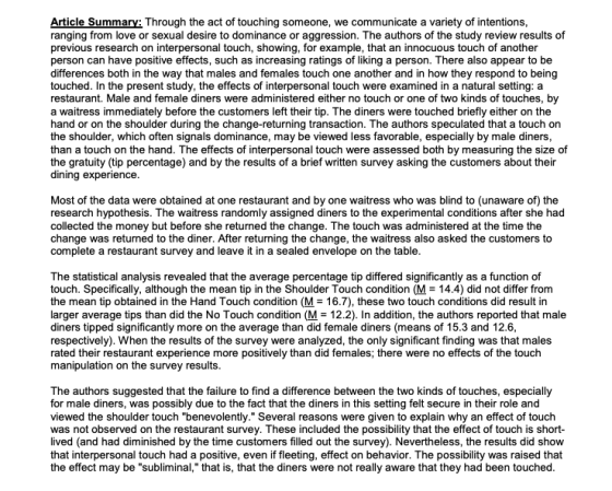 Article Summary: Through the act of touching someone, we communicate a variety of intentions, ranging from love or sexual des