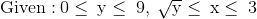 \mathrm{\mathrm{Given:}\:0\le \:y\le \:9,\:\sqrt{y}\le \:x\le \:3}