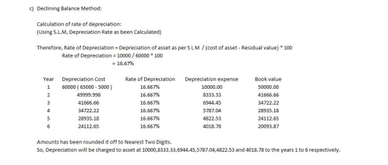 c) Declining Balance Method: Calculation of rate of depreciation: (Using S.L.M, Depreciation Rate as been Calculated) Therefore, Rate of Depreciation = Depreciation of asset as per S L M / (cost of asset-Residual value) * 100 Rate of Depreciation 10000/ 60000 100 16.67% Rate of Depreciation 16.667% 16.667% 16.667% 16.667% 16.667% 16.667% Book value 50000.00 41666.66 34722.22 28935.18 24112.65 20093.87 Year Depreciation Cost 1 60000 ( 65000 5000) 49999.998 41666.66 34722.22 28935.18 24112.65 Depreciation expense 10000.00 8333.33 6944.45 5787.04 4822.53 4018.78 4 Amounts has been rounded it off to Nearest Two Digits So, Depreciation will be charged to asset at 10000,8333.33,6944.45,5787.04,4822.53 and 4018.78 to the years 1 to 6 respectively