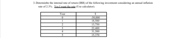 3. Determinbe the internal rate of return (IRR) of the following investment considering an annual inflation rate of 2.3%. Yes