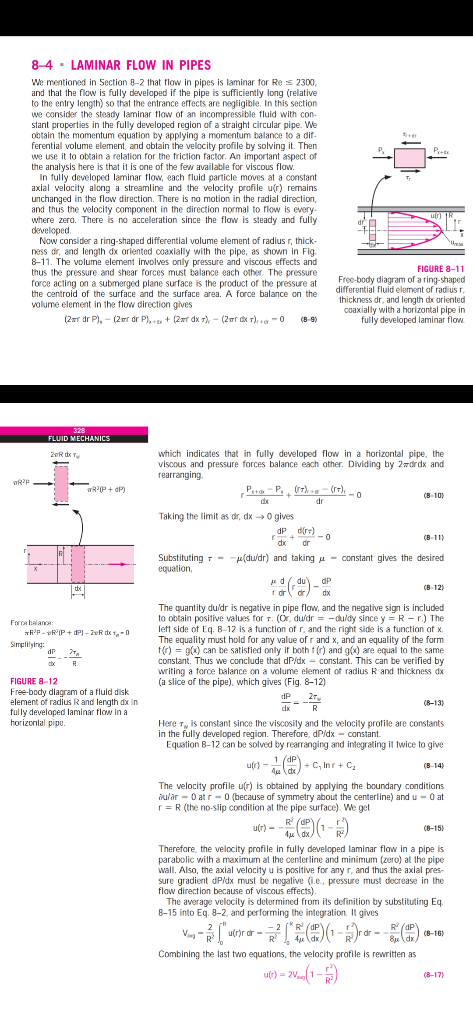 8 4. LAMINAR FLOW IN PIPES We mentioned in Section 8-2 that flow in pipes is laminar for Res 2300, and that the flow is fully