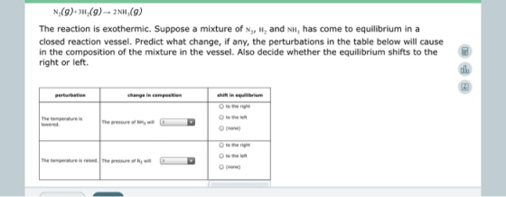N(9)+3H (9) - 2NH (9) The reaction is exothermic. Suppose a mixture of N, H, and NH, has come to equilibrium in a closed reac