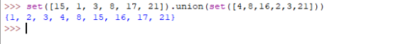 >>> set([15, 1, 3, 8, 17, 21]).union (set([4,8,16,2,3,21])) {1, 2, 3, 4, 8, 15, 16, 17, 21) >>>|