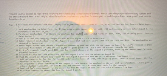1 nces Prepare journal entries to record the following merchandising transactions of Lowes, which uses the perpetual invento