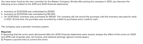 You have been hired as the new controller for the Ralston Company. Shortly after joining the company in 2021, you discover th