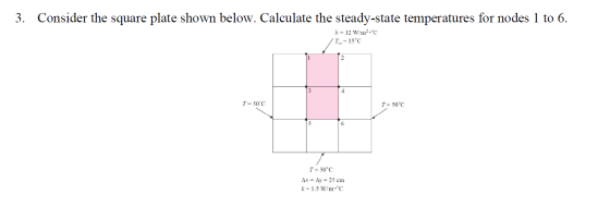 3. Consider the square plate shown below. Calculate the steady-state temperatures for nodes 1 to 6. h = 12 W/m².C To=15°C T=