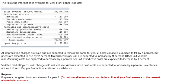 The following information is available for year 1 for Pepper Products: $2,250,000 133,000 113,000 261,000 796,000 Sales reven