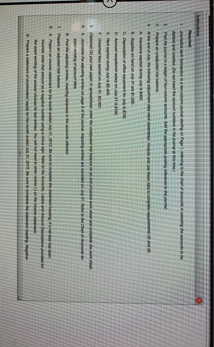 Instructions Required: 1. Joumalze each transaction in a wo-column journal starting on Page 1, roferring to the chart of acco