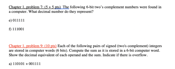Chapter 1. problem 7: (5+5 pts)Tbe following 6-bit twos complement numbers were found in a computer. What decimal number do they represent? f) 111001 Chapter 1.problem 9: (10 pts) Each of the following pairs of signed (twos complement) integers are stored in computer words (6 bits). Compute the sum as it is stored in a 6-bit computer word. Show the decimal equivalent of each operand and the sum. Indicate if there is overflow a) 110101 001111