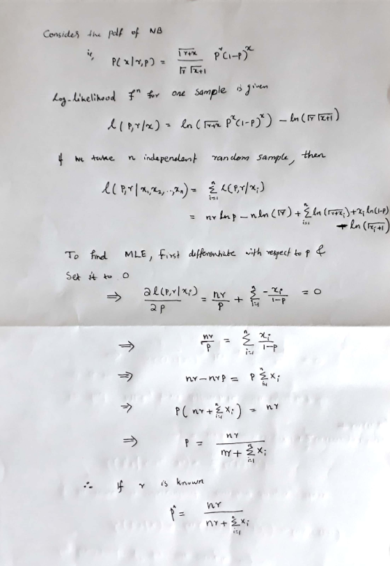 Consider the pelf of NB & PC XIN,p) = TEM Pci-pje Log-likelihood f for one sample is given l (9,2/%) = ln (Irte p² (1-P)%)
