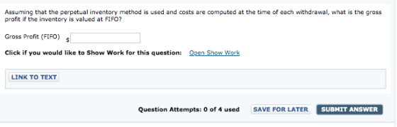 Assuming that the perpetual inventory method is used and costs are computed at the time of each withdrawal, what is the gross