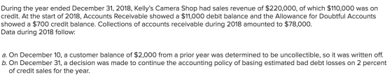 During the year ended December 31, 2018, Kellys Camera Shop had sales revenue of $220,000, of which $110,000 was on credit.