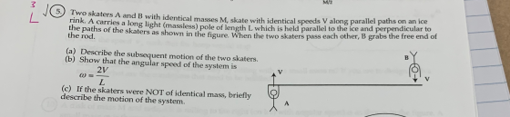 M/2 Two skaters A and B with identical masses M, skate with iden win identical masses M, skate with identical speeds V along