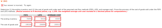 (62) X] your answer is incorrect. Try again. Determine (1) the ending inventory and (2) the cost of goods sold under each of