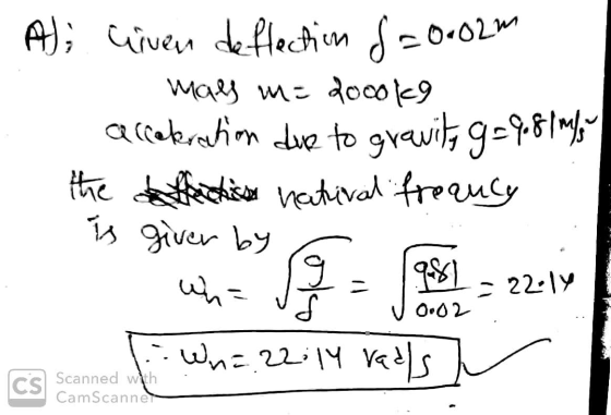 A); Given deflection d=0002m O mas m=20ook acceleration due to grawita g =98 1 mayo the defectis natural freauly is given by