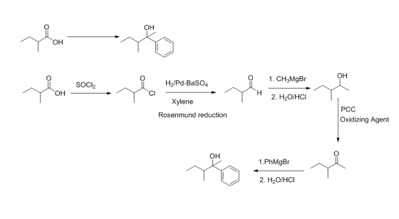 phone 1. CH3MgBr SOCI H2/Pd-BaSO4 OH YH 2. H2O/HCI Xylene Rosenmund reduction PCC Oxidizing Agent OH 1.PhMgBr mereka ya 2. H2