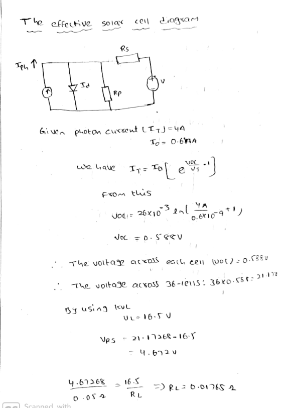The effective solar cell diagram Given photon current (Iv=44S To: 0-6 A we have It Tol el a from this vodi = 26x103 enla-gt N