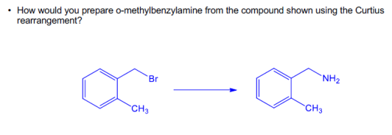 How would you prepare o-methylbenzylamine from the compound shown using the Curtius rearrangement? NH2 Br CH3 CH3