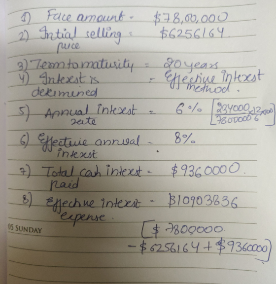 1 face amount - $78,00,000 2) Intial selling : $6256164. puce 3) Temto maturity = 20 years, 4) Intexstis Effective intexest d