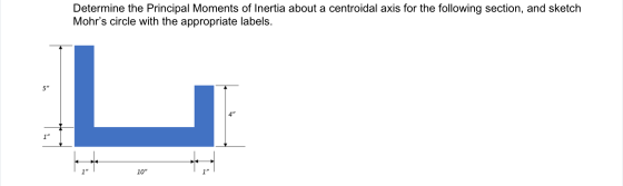 Determine the Principal Moments of Inertia about a centroidal axis for the following section, and sketch Mohrs circle with t