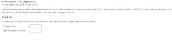 Brief Exercise 11-32 (Algorithmic) Analyzing the Statement of Cash Flows Manning Company reported the following information f