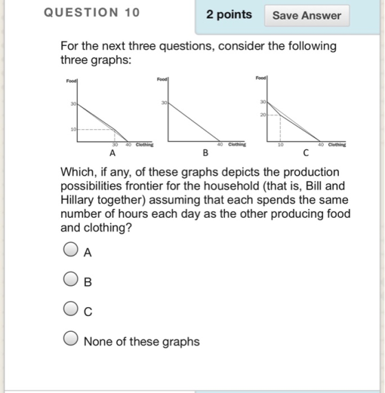 QUESTION 10 2 points Save Answer For the next three questions, consider the following three graphs: Food 30 20 30 40 Clothing 40 Clothing 10 40 Clothing Which, if any, of these graphs depicts the production possibilities frontier for the household (that is, Bill and Hillary together) assuming that each spends the same number of hours each day as the other producing food and clothing? O None of these graphs
