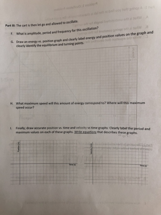 Part IlI The cart is then let go and allowed to oscillate. What is amplitude, period and frequency for this oscillation? eraw an energy vs. position graph and clearly label energy and position values on the graph and clearly identify the equilibrium and turning points. What maximum speed will this amount of energy correspond to? Where will this maximum speed occur? H. Finally, draw accurate position vs. time and velocity vs time graphs. Clearly label the period and maximum values on each of these graphs. Write equations that describes these graphs. I. io