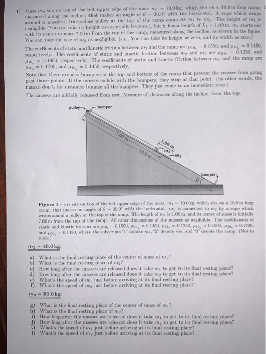 1) Mass my sits on top of the left upper edge of the mass m - 10.0 kg, which sits on a 10.0 m long ramp. measured along the i
