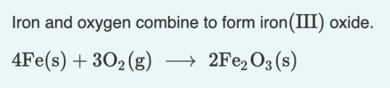 Iron and oxygen combine to form iron(III) oxide. 4Fe(s) + 302 (g) + 2Fe2O3(s)