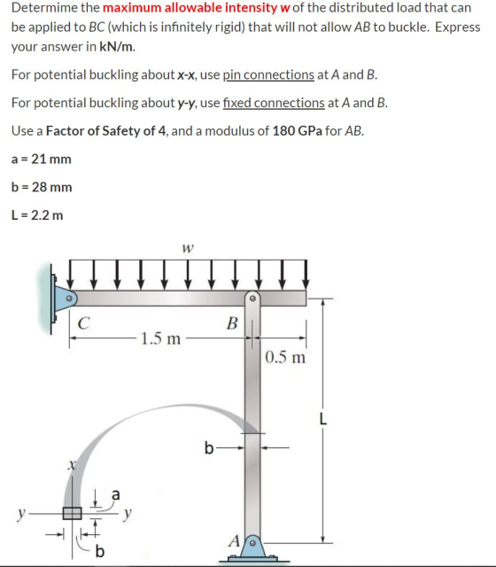 Determime the maximum allowable intensity w of the distributed load that can be applied to BC (which is infinitely rigid) tha