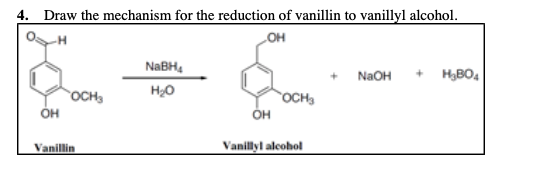 4. Draw the mechanism for the reduction of vanillin to vanillyl alcohol. NaBHA NaOH + HBO OCH, но OCH OH OH Vanillin Vanillyl