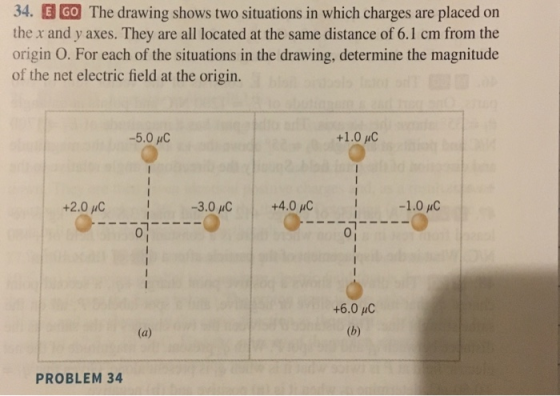 34. E GO The drawing shows two situations in which charges are placed on the x and y axes. They are all located at the same distance of 6.1 cm from the origin O. For each of the situations in the drawing, determine the magnitude of the net electric field at the origin. -5.0 uC +1.0 C +2.0 C 3.0 C+4.0 C 0 +6.0 рС PROBLEM 34