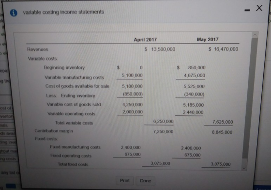 variable costing income statements VIA Vi vi April 2017 $ 13,500,000 May 2017 $ 16,470,000 Revenues Variable costs Beginning