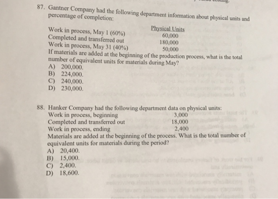 HHDCụ CITIZ. 87. Gantner Company had the following department information about physical units and percentage of completion: