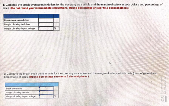 b. Compute the break-even point in dollars for the company as a whole and the margin of safety in both dollars and percentage