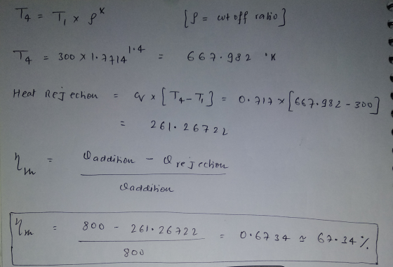 Ta = Tix 8X 1s = cut off ratio] 1.4 To = 300 x 1.7414t = 667.982 n Heat Rejection = ax [Te-T,} = 0.714 [667.982-300) • = 26