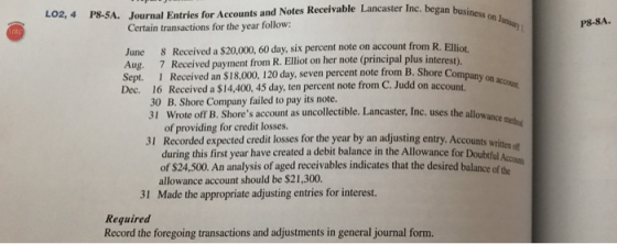 Journal Entries for Accounts and Notes Receivable Lancaster Inc. began business Certain transactions for the year follow: L02