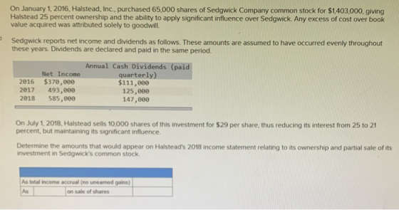 On January 1, 2016, Halstead, Inc., purchased 65,000 shares of Sedgwick Company common stock for $1,403,000, giving Halstead