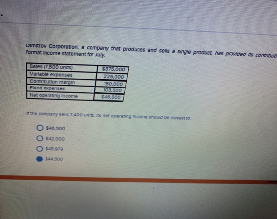 Dimitrov Corporation, a company that produces and sells a single product, has provided its contribut format Income statement