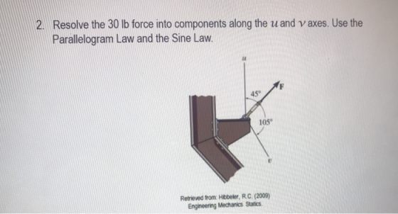 2. Resolve the 30 lb force into components along the u and v axes. Use the Parallelogram Law and the Sine Law. Retrieved from