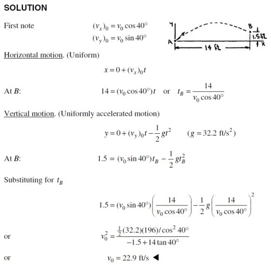 SOLUTION First note (vr)= V, cos 40° (vy) = y, sin 40° 144 - Horizontal motion. (Uniform) x=0+(Vx)ot 14 At B: 14 = (vo cos 40