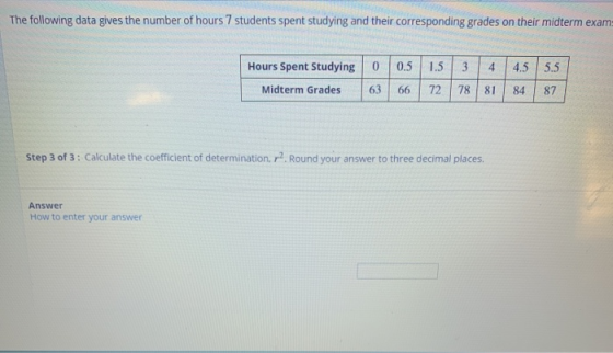 The following data gives the number of hours 7 students spent studying and their corresponding grades on their midterm exams