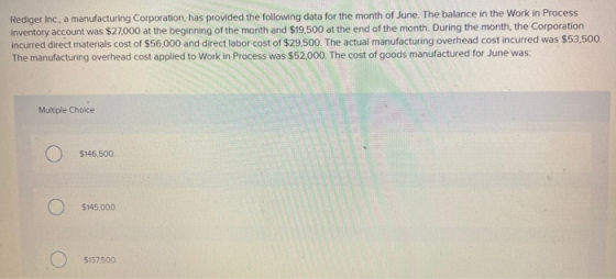 Rediger Inc, a manufacturing Corporation, has provided the following data for the month of June. The balance in the Work in P