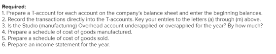Required: 1. Prepare a T-account for each account on the companys balance sheet and enter the beginning balances. 2. Record the transactions directly into the T-accounts. Key your entries to the letters (a) through (m) above. 3. Is the Studio (manufacturing) Overhead account underapplied or overapplied for the year? By how much? 4. Prepare a schedule of cost of goods manufactured. 5. Prepare a schedule of cost of goods sold 6. Prepare an income statement for the year.