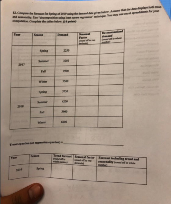 12. Compute the forecast for Spring of 2019 using the demand data pe bain and seasonality. Use decomposition using least squ