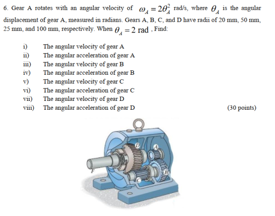 6. Gear A rotates with an angular velocity of 0,= 20 rad/s, where 0, is the angular displacement of gear A, measured in radia